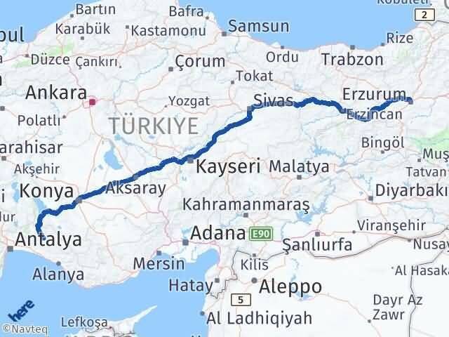 Erzurum İbradı Antalya Arası Kaç Km - Yol Haritası