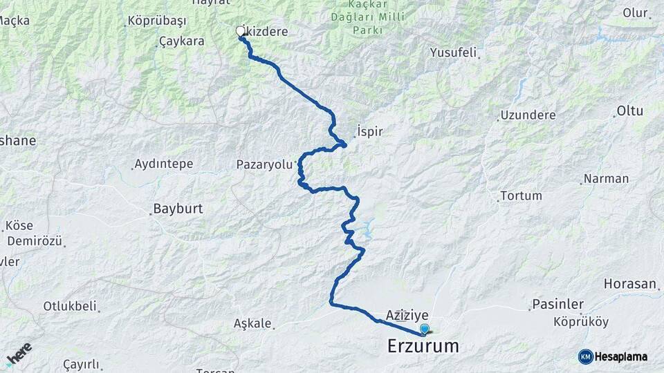 Erzurum İkizdere Rize Arası Kaç Km - Yol Haritası