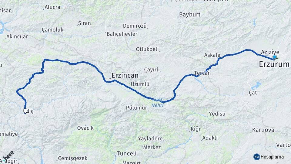 Erzurum İliç Erzincan Arası Kaç Km - Yol Haritası