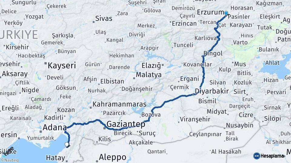 Erzurum İskenderun Hatay Arası Kaç Km - Yol Haritası