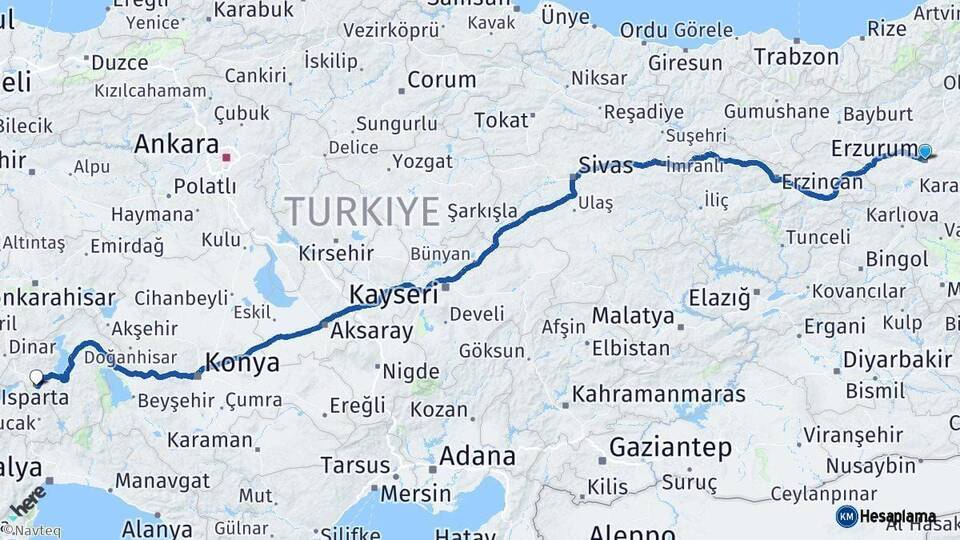 Erzurum Isparta Arası Kaç Km - Yol Haritası