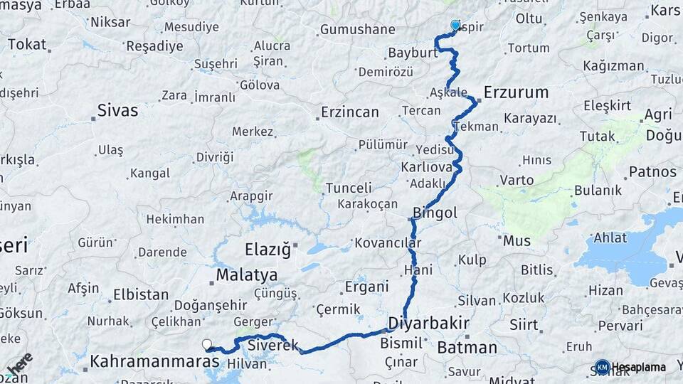 Erzurum İspir Adıyaman Arası Kaç Km - Yol Haritası