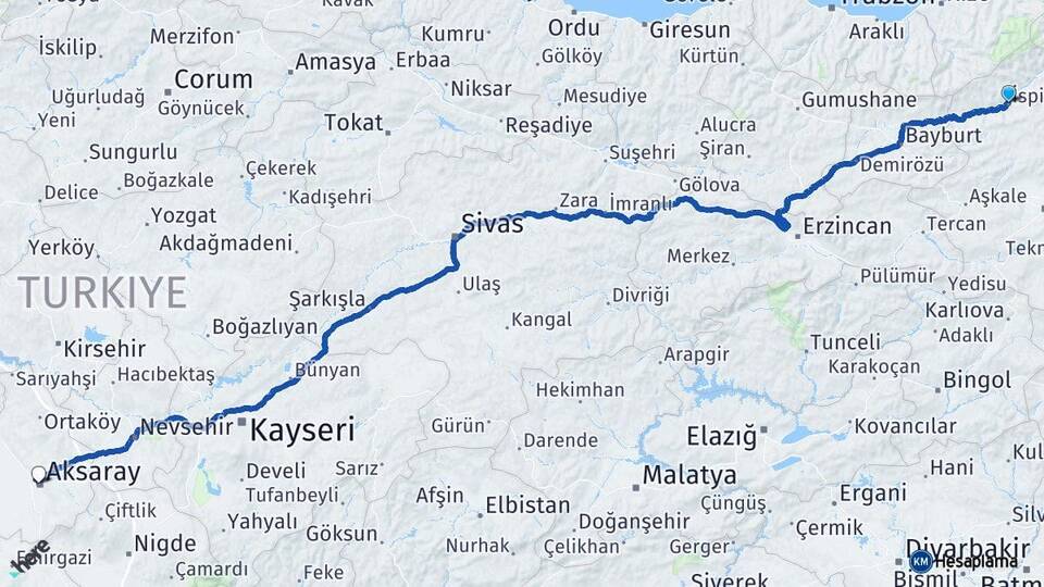 Erzurum İspir Aksaray Arası Kaç Km - Yol Haritası