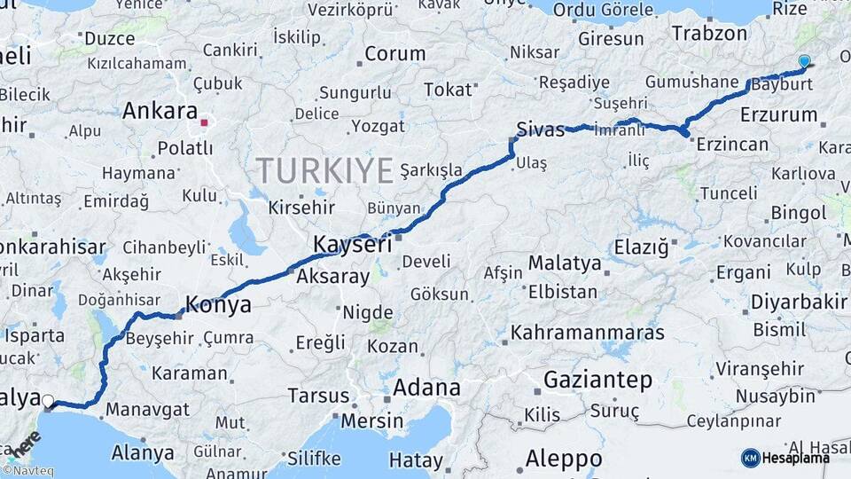 Erzurum İspir Antalya Arası Kaç Km - Yol Haritası