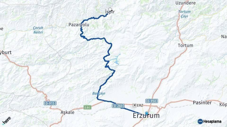 Erzurum İspir Arası Kaç Km - Yol Haritası