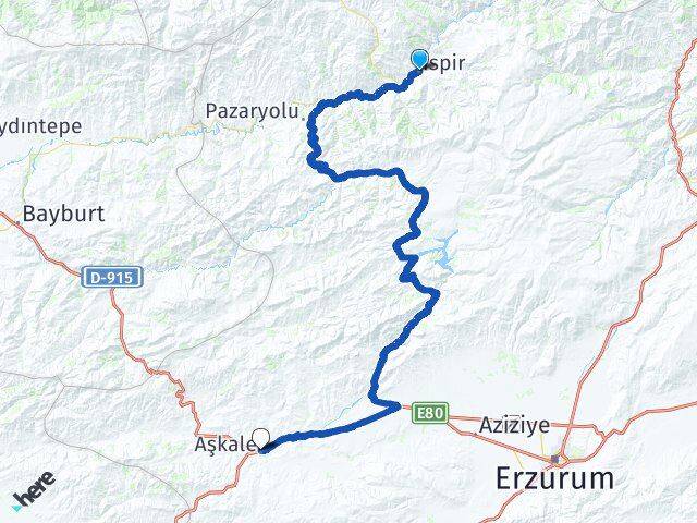 Erzurum İspir Aşkale Arası Kaç Km - Yol Haritası