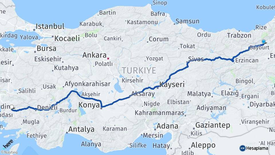 Erzurum İspir Aydın Arası Kaç Km - Yol Haritası