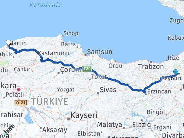 Erzurum İspir Bartın Arası Kaç Km - Yol Haritası