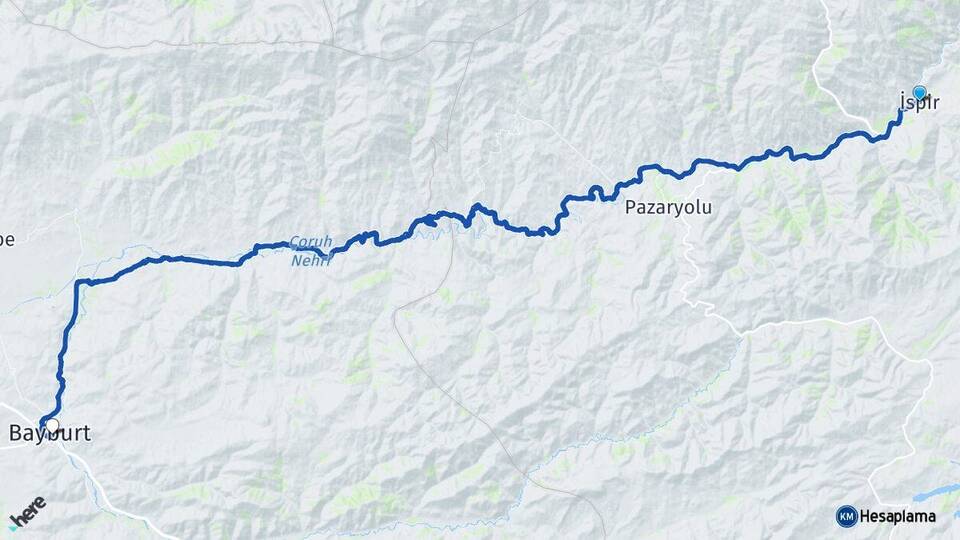 Erzurum İspir Bayburt Arası Kaç Km - Yol Haritası