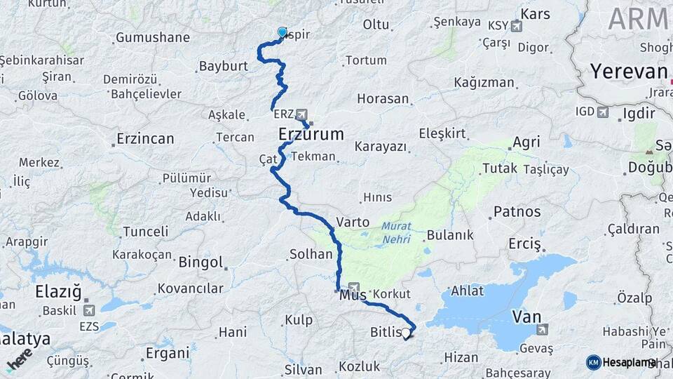 Erzurum İspir Bitlis Arası Kaç Km - Yol Haritası