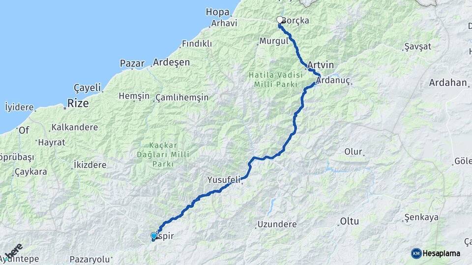 Erzurum İspir Borçka Artvin Arası Kaç Km - Yol Haritası
