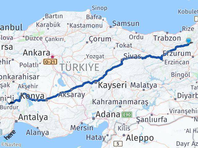 Erzurum İspir Burdur Arası Kaç Km - Yol Haritası