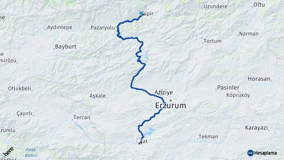 Erzurum İspir Çat Arası Kaç Km - Yol Haritası