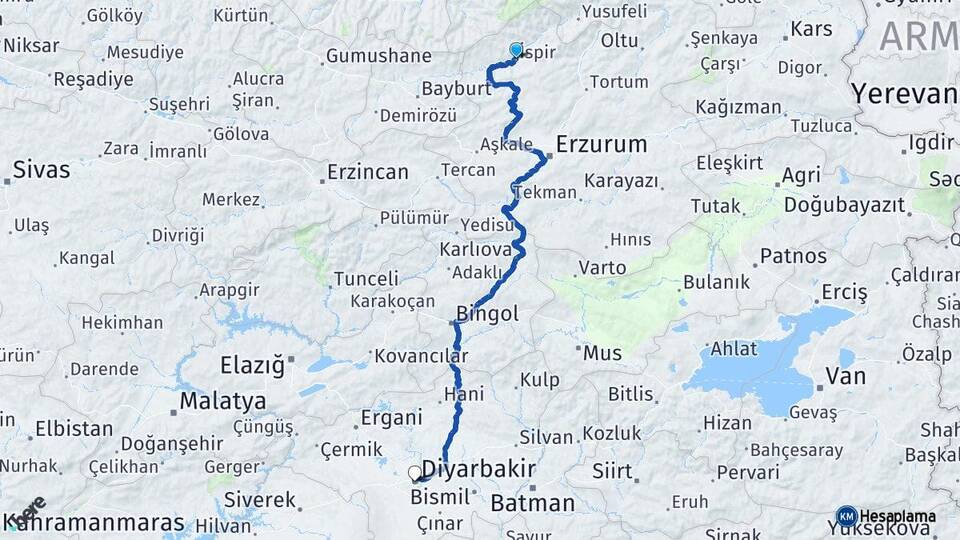 Erzurum İspir Diyarbakır Arası Kaç Km - Yol Haritası