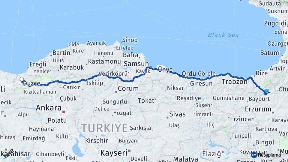 Erzurum İspir Düzce Arası Kaç Km - Yol Haritası