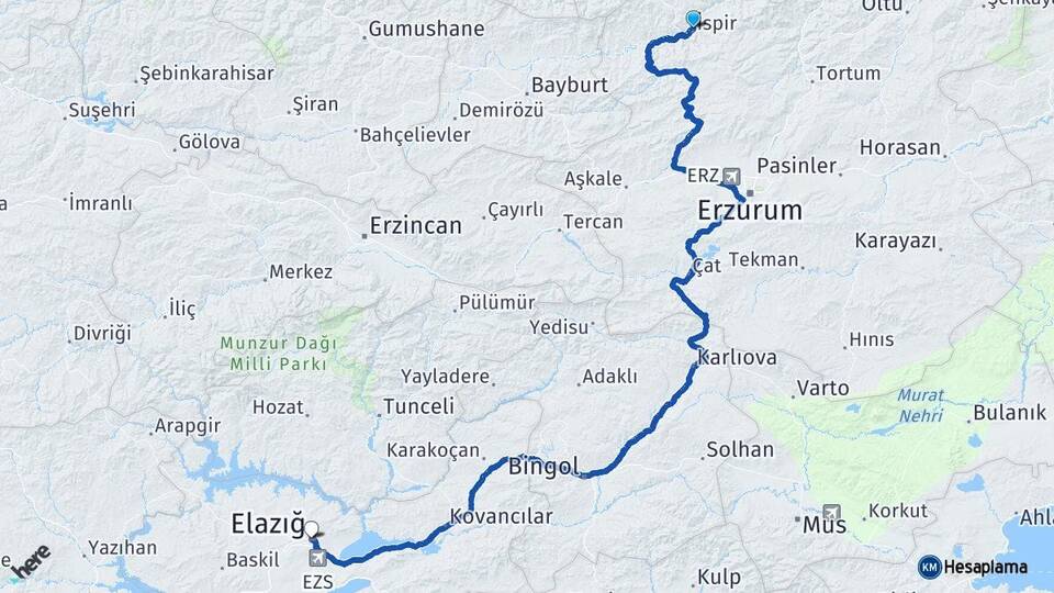 Erzurum İspir Elazığ Arası Kaç Km - Yol Haritası