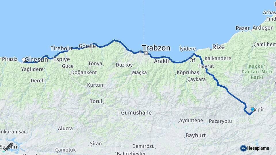 Erzurum İspir Giresun Arası Kaç Km - Yol Haritası