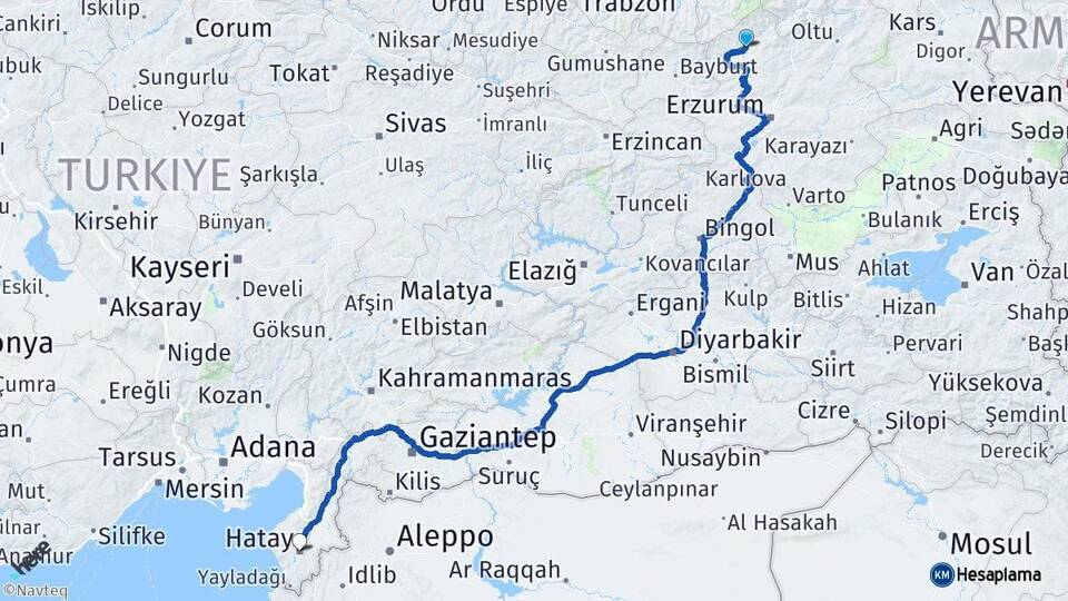 Erzurum İspir Hatay Arası Kaç Km - Yol Haritası