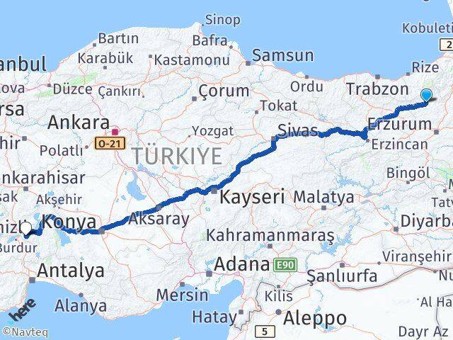 Erzurum İspir Isparta Arası Kaç Km - Yol Haritası