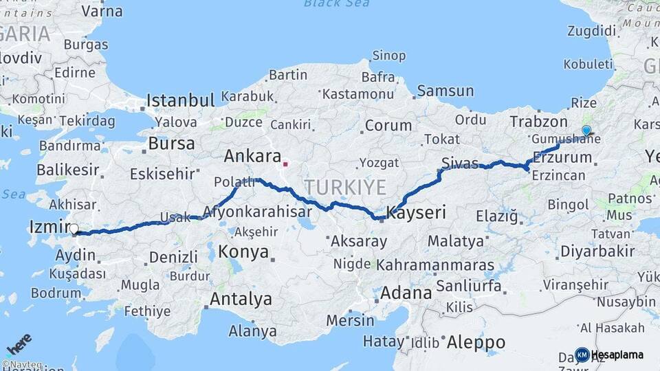 Erzurum İspir İzmir Arası Kaç Km - Yol Haritası