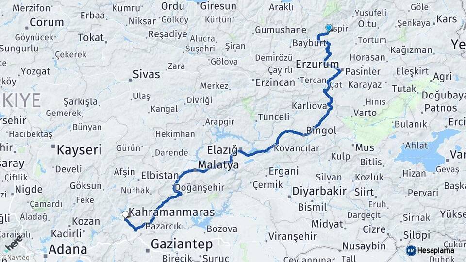 Erzurum İspir Kahramanmaraş Arası Kaç Km - Yol Haritası