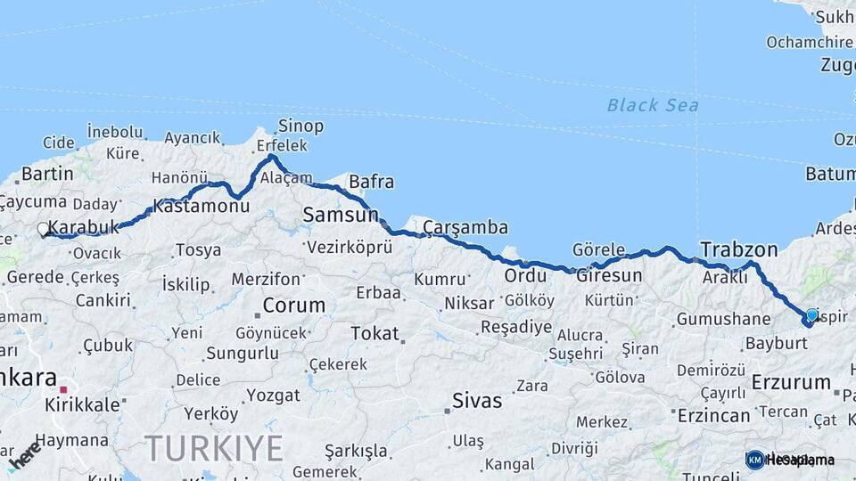 Erzurum İspir Karabük Arası Kaç Km - Yol Haritası