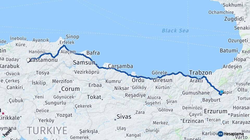 Erzurum İspir Kastamonu Arası Kaç Km - Yol Haritası