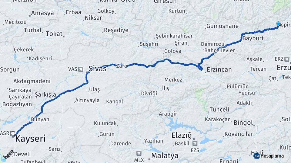 Erzurum İspir Kayseri Arası Kaç Km - Yol Haritası