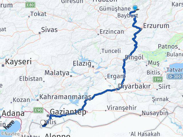 Erzurum İspir Kilis Arası Kaç Km - Yol Haritası