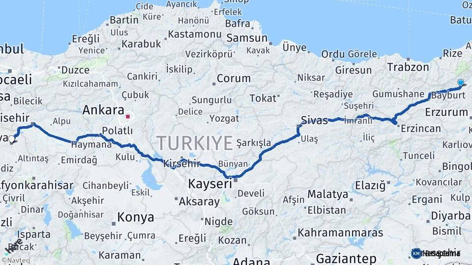 Erzurum İspir Kütahya Arası Kaç Km - Yol Haritası