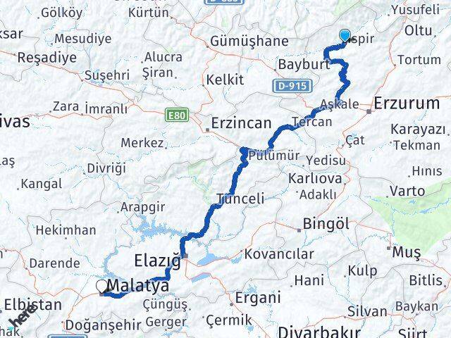 Erzurum İspir Malatya Arası Kaç Km - Yol Haritası