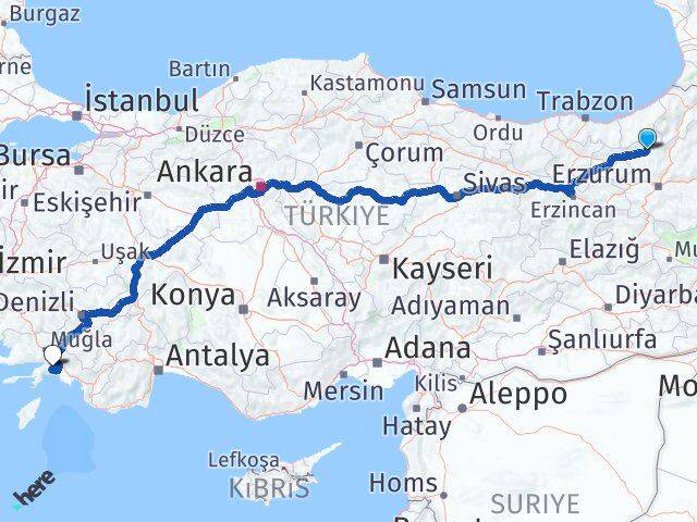 Erzurum İspir Muğla Arası Kaç Km - Yol Haritası