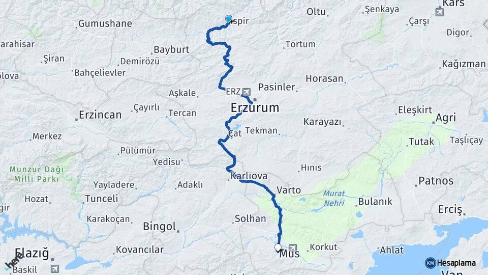 Erzurum İspir Muş Arası Kaç Km - Yol Haritası