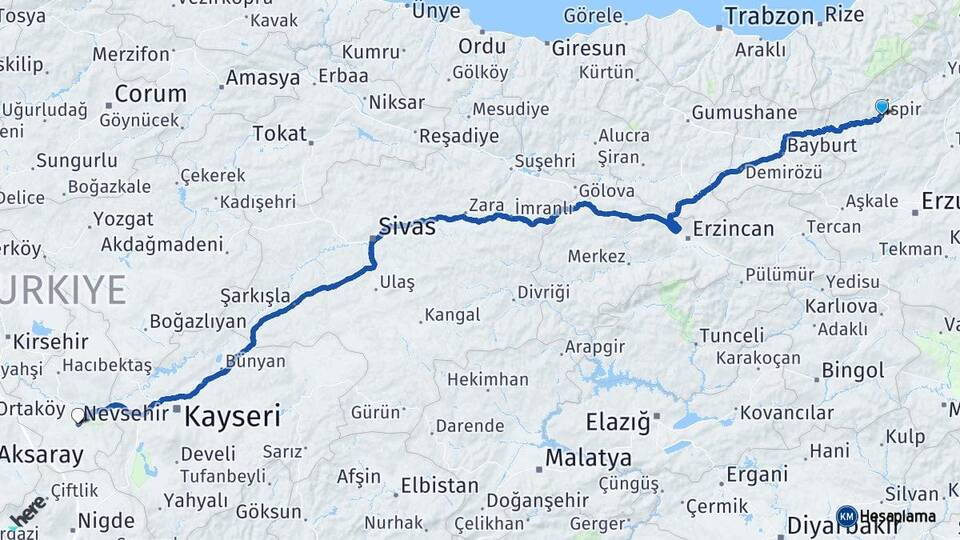 Erzurum İspir Nevşehir Arası Kaç Km - Yol Haritası