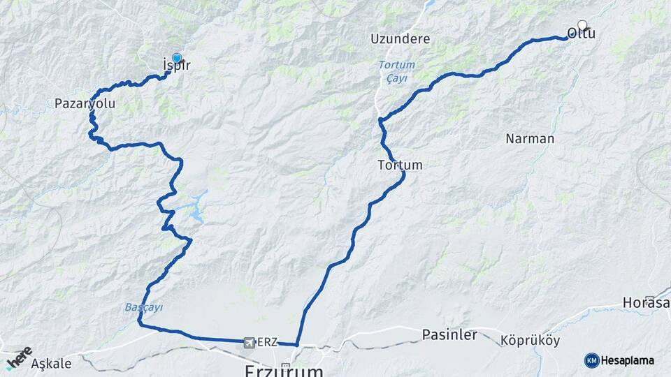 Erzurum İspir Oltu Arası Kaç Km - Yol Haritası