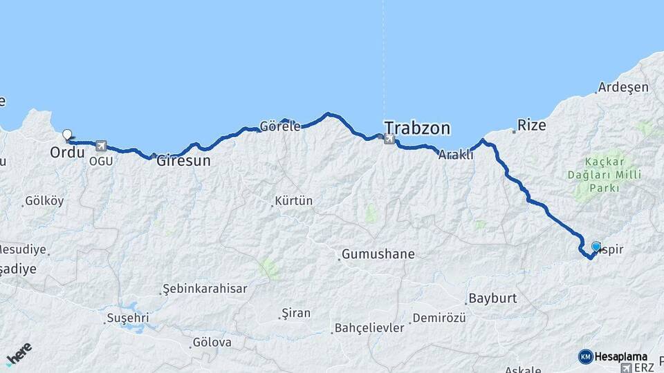 Erzurum İspir Ordu Arası Kaç Km - Yol Haritası