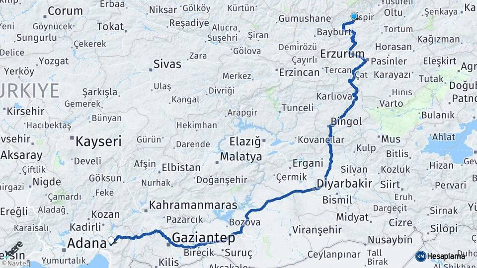Erzurum İspir Osmaniye Arası Kaç Km - Yol Haritası