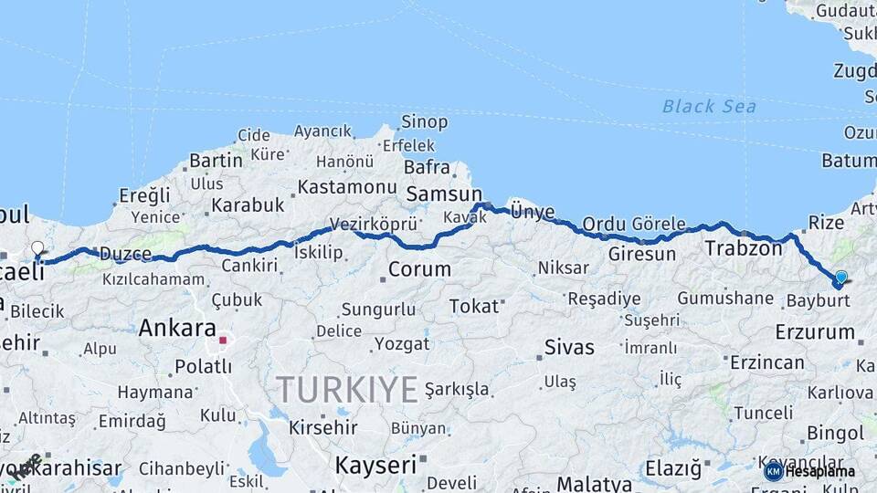Erzurum İspir Sakarya Arası Kaç Km - Yol Haritası