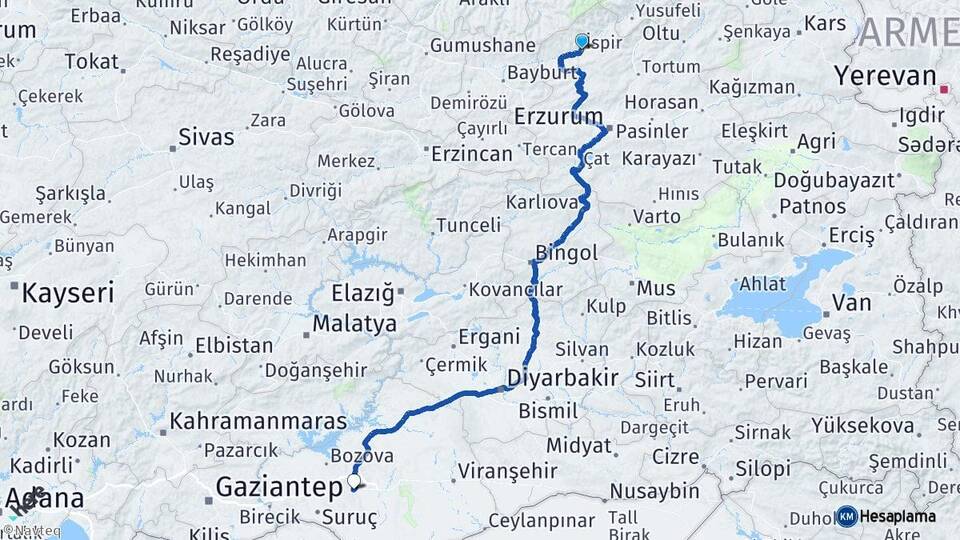 Erzurum İspir Şanlıurfa Arası Kaç Km - Yol Haritası