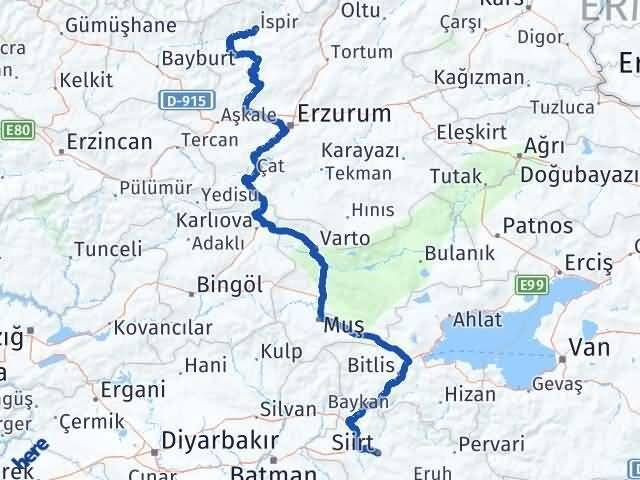 Erzurum İspir Siirt Arası Kaç Km - Yol Haritası