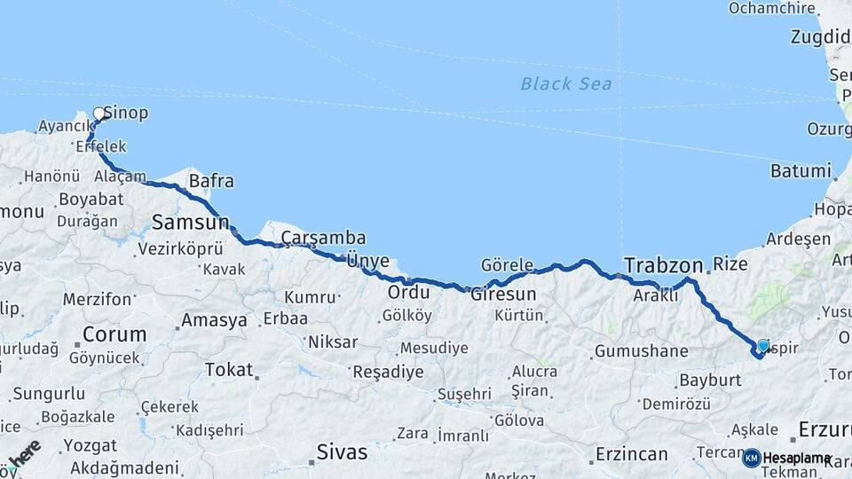 Erzurum İspir Sinop Arası Kaç Km - Yol Haritası