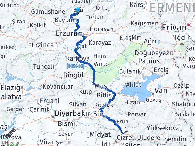 Erzurum İspir Şırnak Arası Kaç Km - Yol Haritası