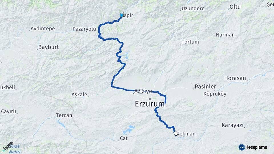 Erzurum İspir Tekman Arası Kaç Km - Yol Haritası