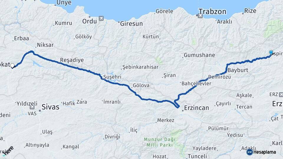 Erzurum İspir Tokat Arası Kaç Km - Yol Haritası