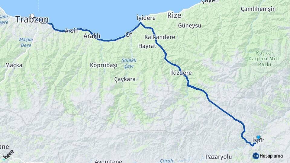 Erzurum İspir Trabzon Arası Kaç Km - Yol Haritası