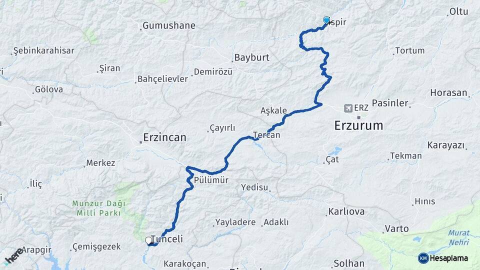Erzurum İspir Tunceli Arası Kaç Km - Yol Haritası
