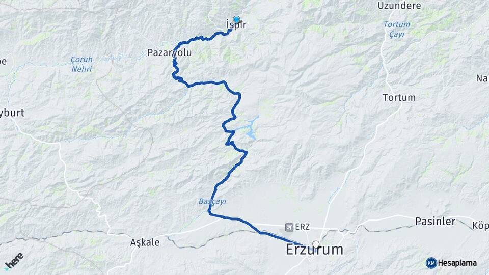 Erzurum İspir Yakutiye Arası Kaç Km - Yol Haritası