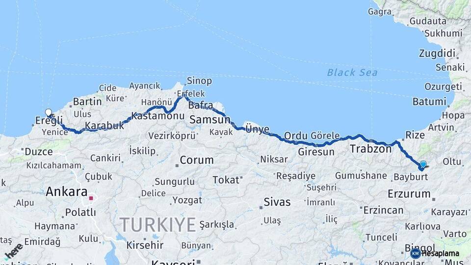 Erzurum İspir Zonguldak Arası Kaç Km - Yol Haritası