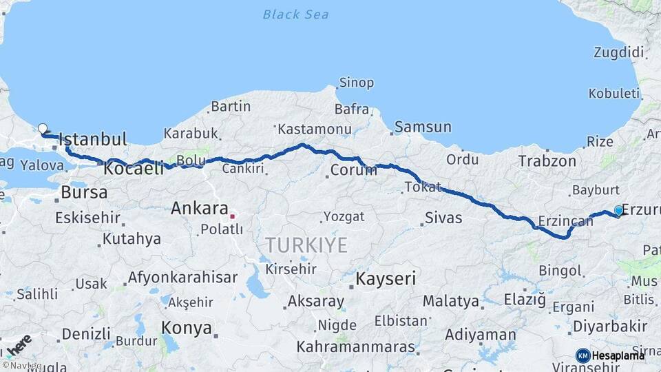 Erzurum İstanbul Havalimanı Arası Kaç Km - Yol Haritası