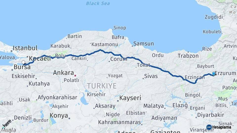 Erzurum İznik Bursa Arası Kaç Km - Yol Haritası